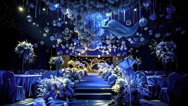 Un espacio para eventos formales, con un escenario central, arreglos florales y decoraciones colgantes.