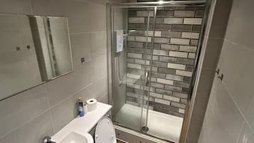 Shower, towels, toilet paper