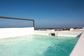 A rooftop infinity pool with a clear view of the ocean and cityscape.