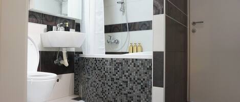 Hair dryer, towels, soap, shampoo