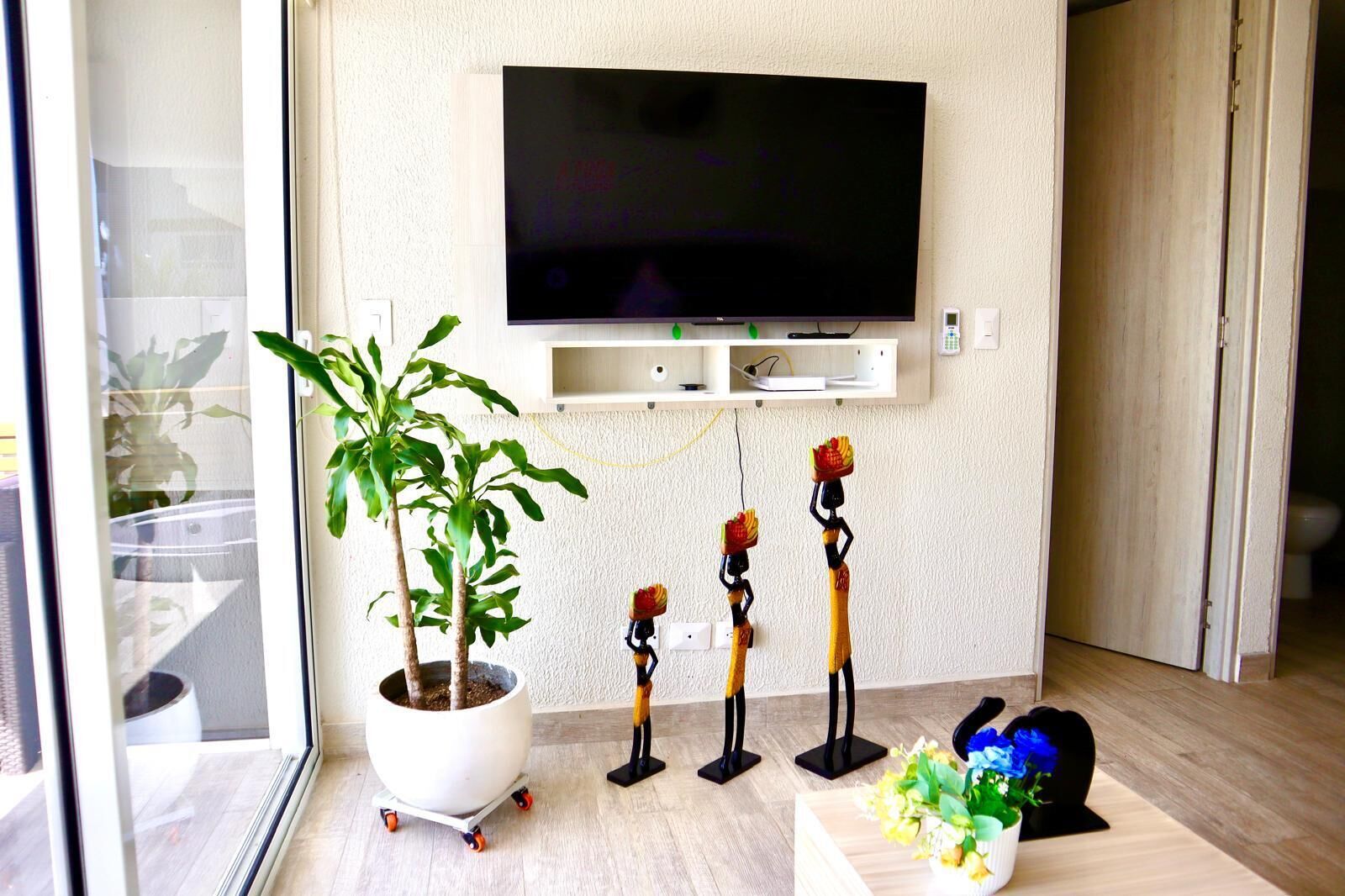En stue med et fladskærms-tv monteret på væggen, en potteplante og dekorative figurer.