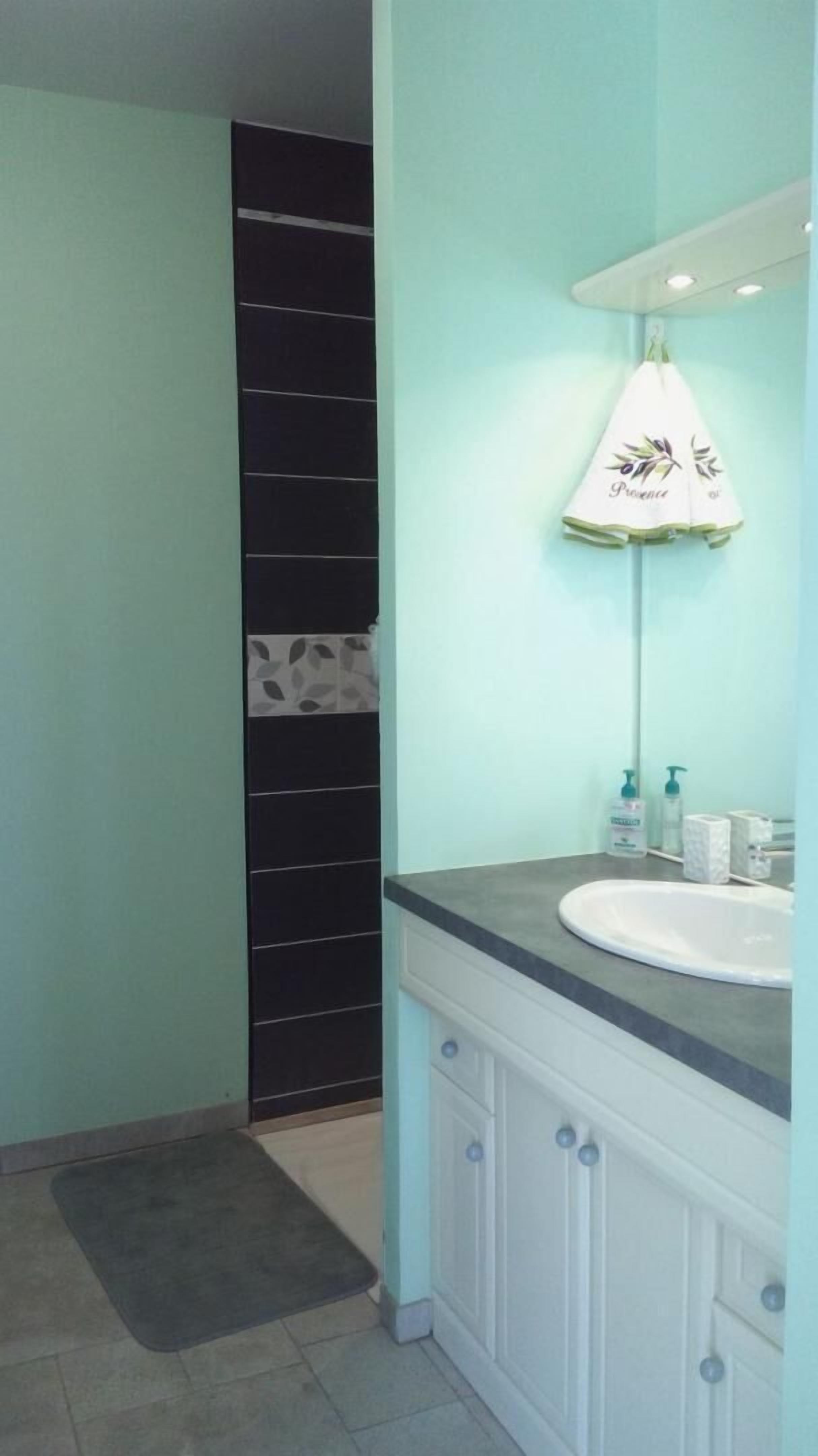 A bathroom with a sink, mirror, and towel hanging on the wall.
