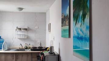 Fridge, microwave, stovetop, blender
