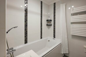 Hair dryer, towels, soap, shampoo