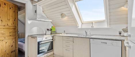 Fridge, stovetop, dishwasher, coffee/tea maker