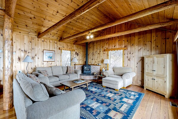 TV, fireplace, DVD player, books - Lakefront home with amazing mountain views, wraparound deck, fireplace, & grill (Lakeside)