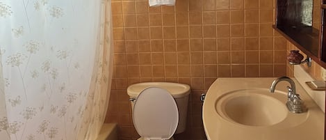 A bathroom with a bathtub, toilet, and sink.