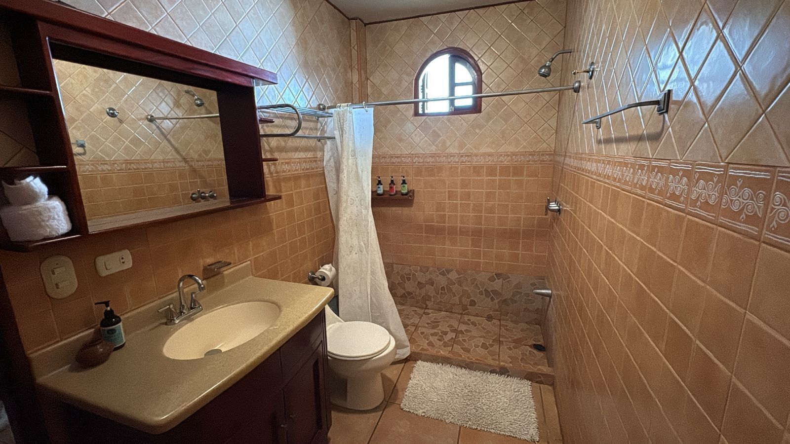 A bathroom with a sink, toilet, and shower area.