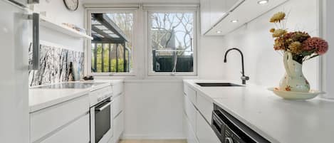 Fridge, stovetop, coffee/tea maker