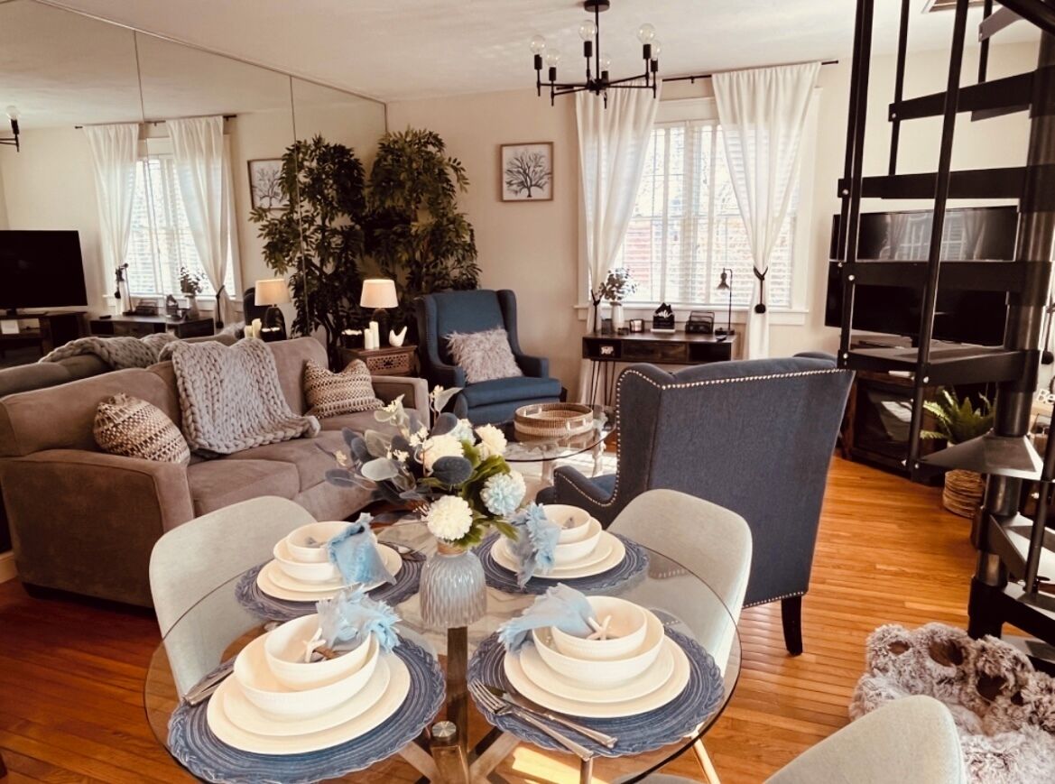 TV connectée, cheminée, livres, imprimantes