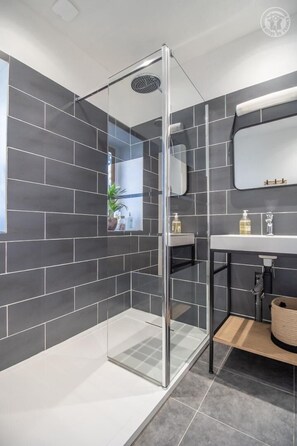 Douche, séchoir à cheveux, serviettes fournies