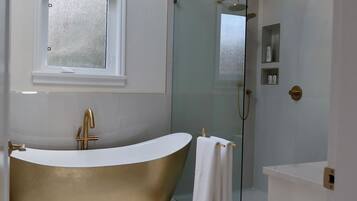 Hair dryer, towels, soap, shampoo