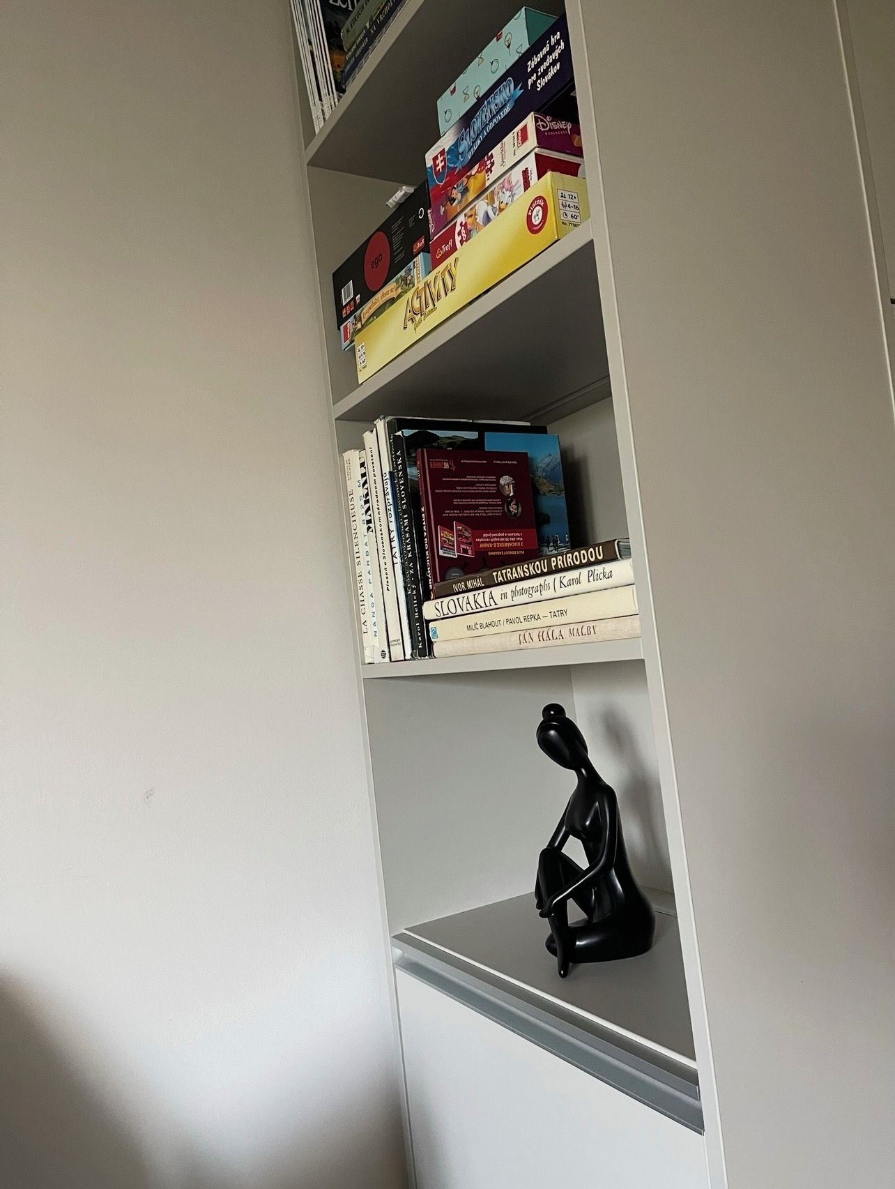 A bookshelf with books and a black sculpture.