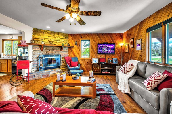 Smart TV, fireplace, books, music library