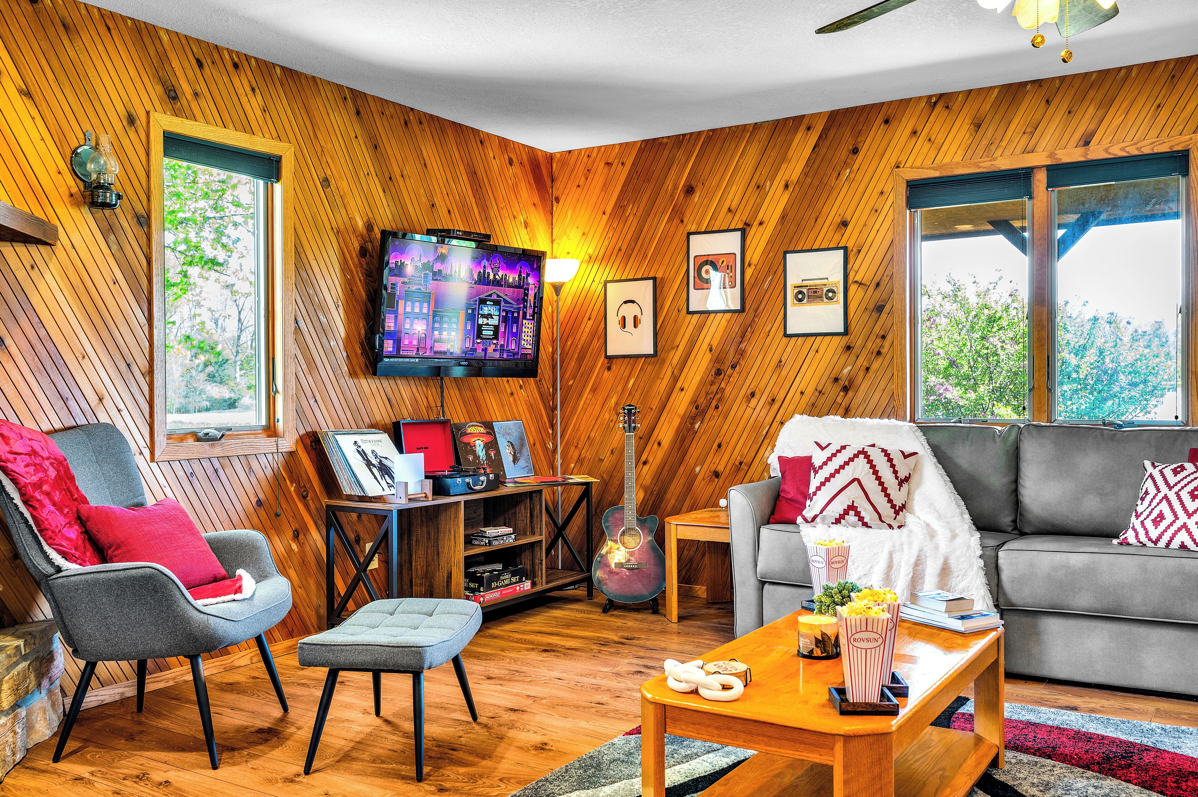 Smart TV, fireplace, books, music library