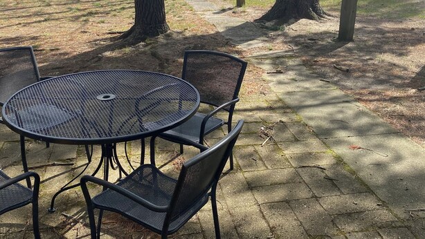 Une table ronde en métal, entourée de chaises et bordée d’arbres, avec vue sur une étendue d’eau.