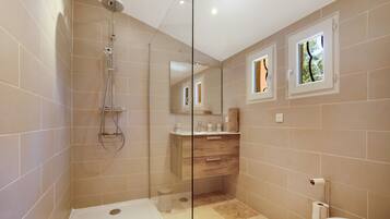 Shower, hair dryer, towels