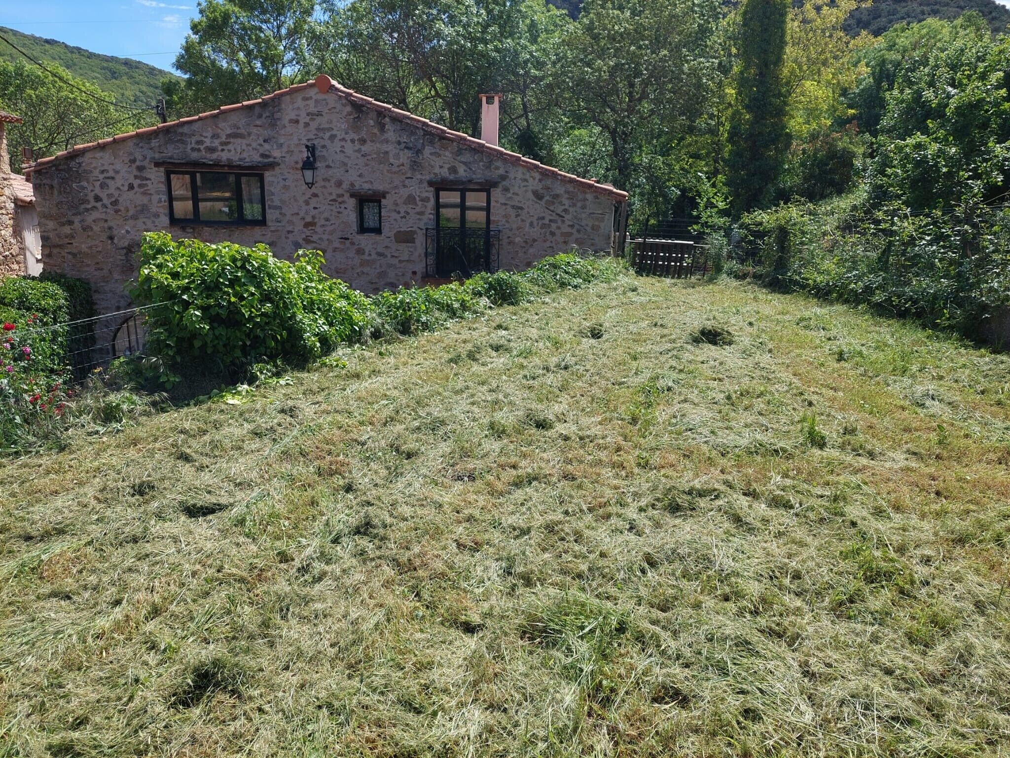 A stone house with a sloped roof, surrounded by a grassy field and dense trees.