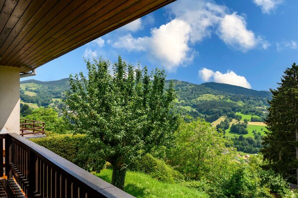 A balcony with a view of a green landscape and hills.