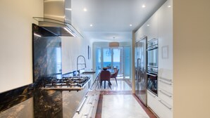 Cozinha moderna com fogão a gás, eletrodomésticos de aço inoxidável e vista para o exterior.