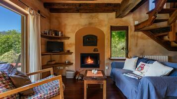 Televisión, chimenea, reproductor de DVD