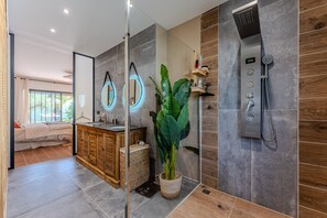 Shower, hair dryer, towels