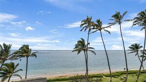 Une vue sur la plage, avec des palmiers et un ciel dégagé.