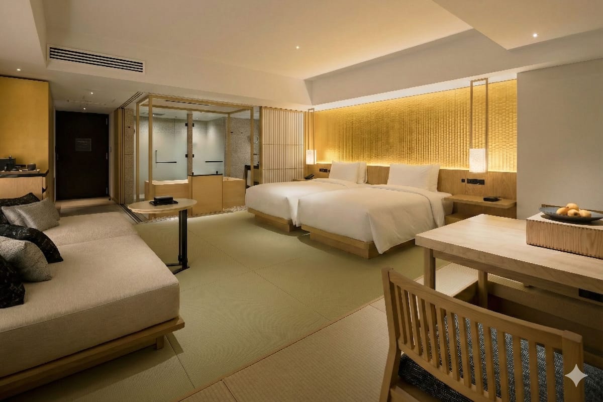 A hotel room with a sofa, two beds, a dining table, and a small kitchen area.