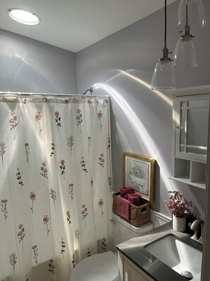 Hair dryer, towels, soap, shampoo