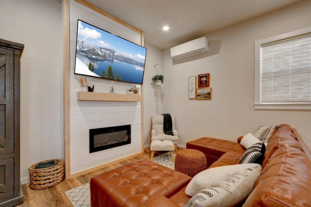 Smart TV, fireplace, books