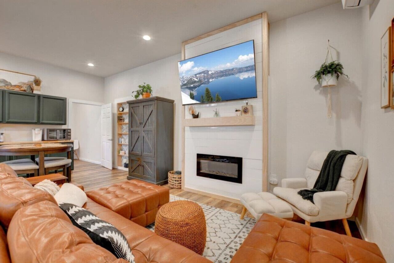 Smart TV, fireplace, books