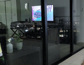 Un interior moderno con paredes de vidrio, una planta en maceta y un televisor mostrando un programa.