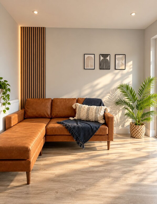 A modern living room with a brown leather sofa, a vertical wooden panel, and a potted plant. - Luxury apartment, walking distance from the town centre and Mote Park. (Maidstone)