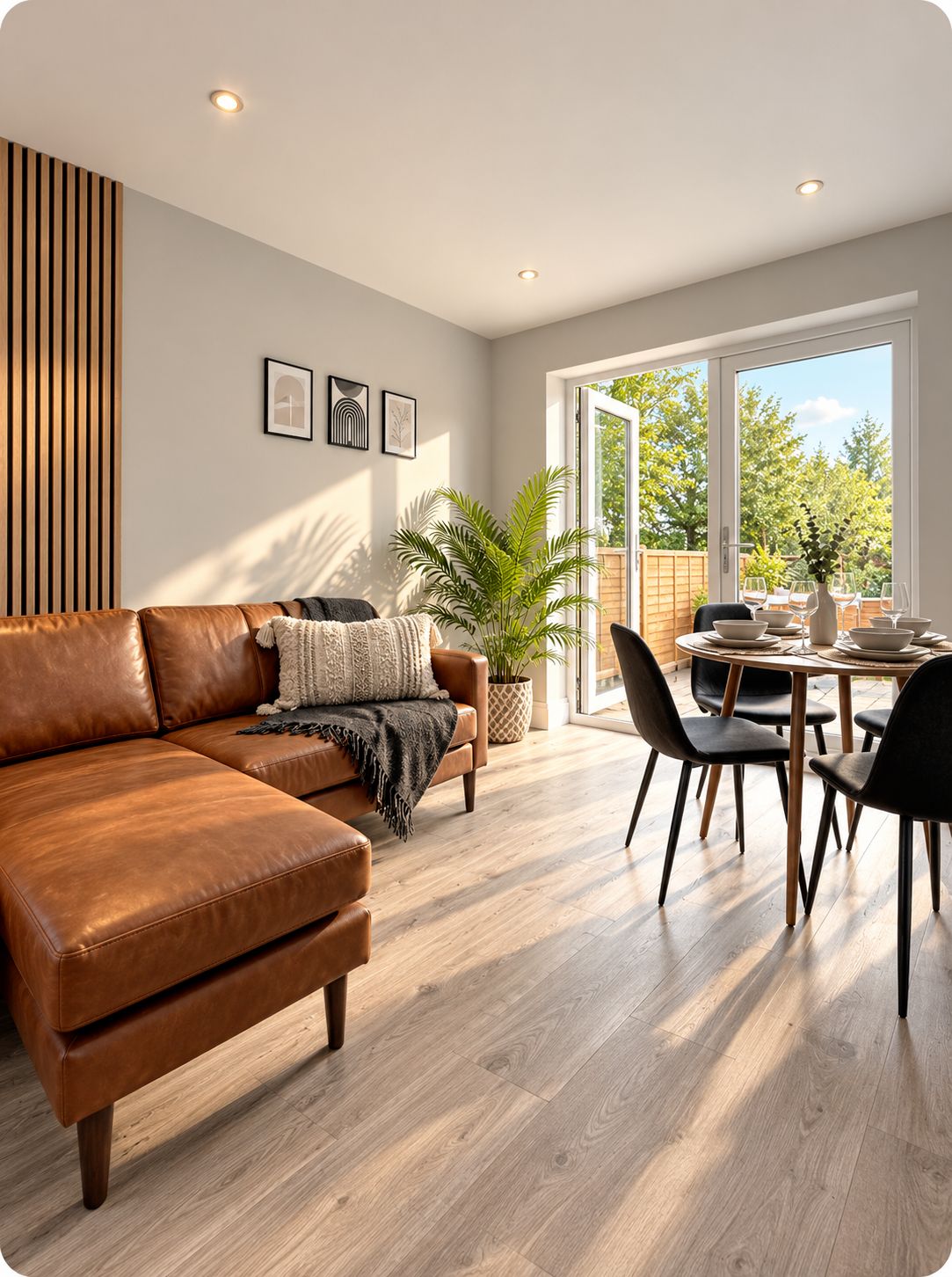 A modern living room with a leather sofa, a dining table with chairs, a potted plant, and a large window with a view of greenery.