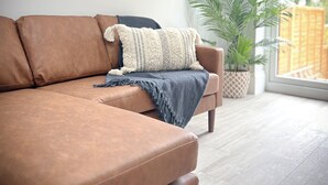 Un salon moderne avec un canapé en cuir marron, un plaid bleu et une plante en pot.