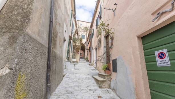 Una estrecha calle adoquinada bordeada por edificios con contraventanas verdes y un cartel de prohibido estacionar.