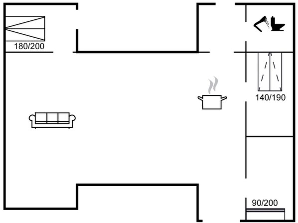 A floor plan with a sofa, a table, and a stove.