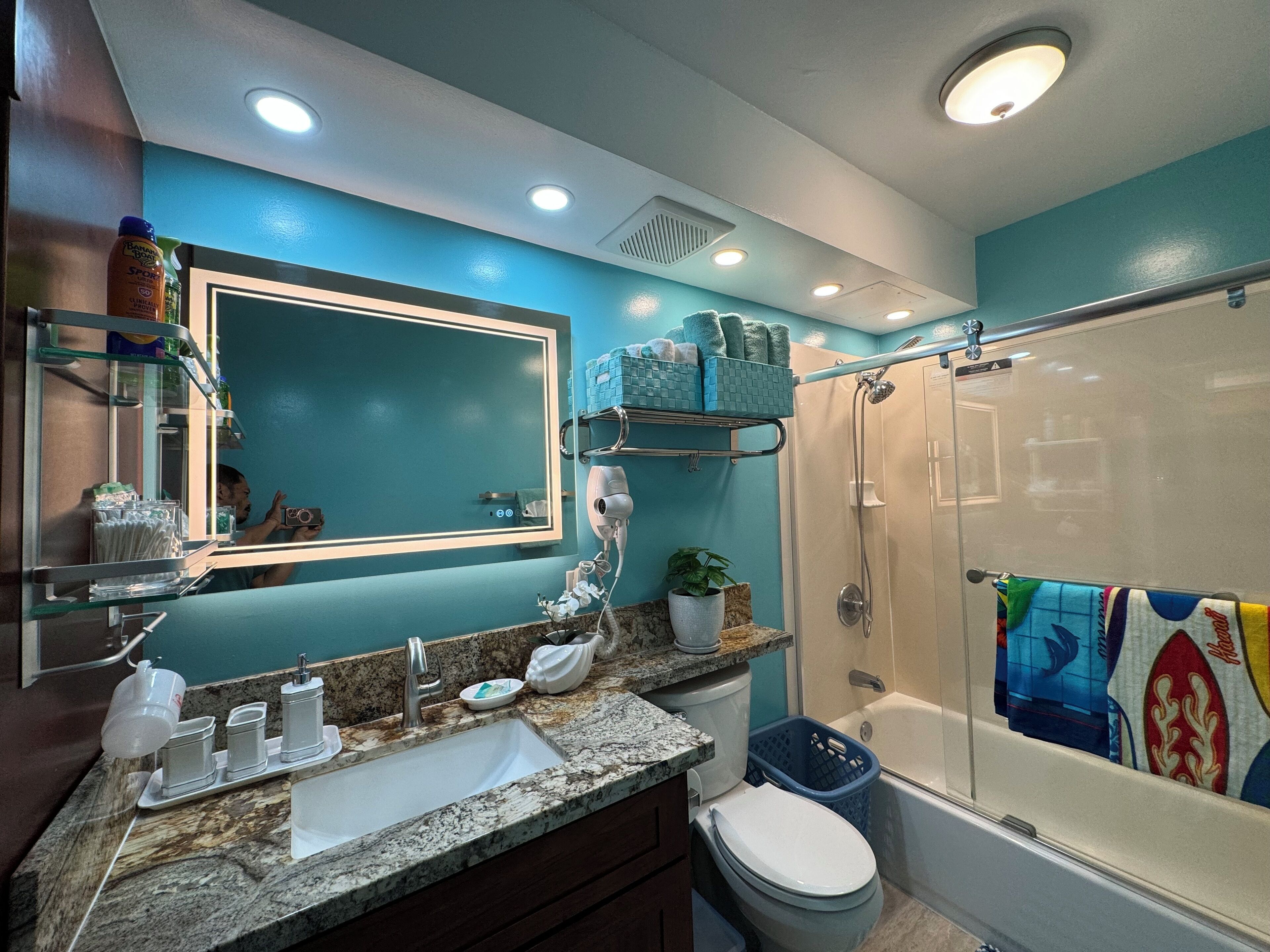 Hair dryer, bidet, towels, soap