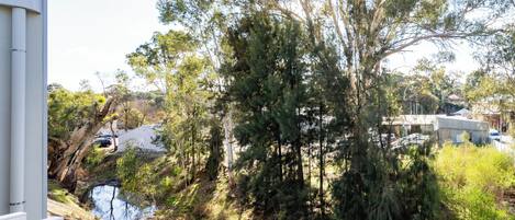 Una cerca blanca, un árbol grande y un edificio al fondo.