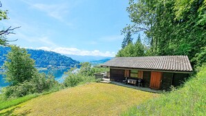 Eine rustikale Holzhütte mit Metallbedachung, gelegen an einem grasbewachsen Hang mit Blick auf einen See und Berge.