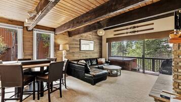 Smart TV, fireplace, books