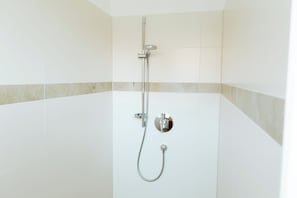 Eine Dusche mit Handbrause und Wandarmatur.