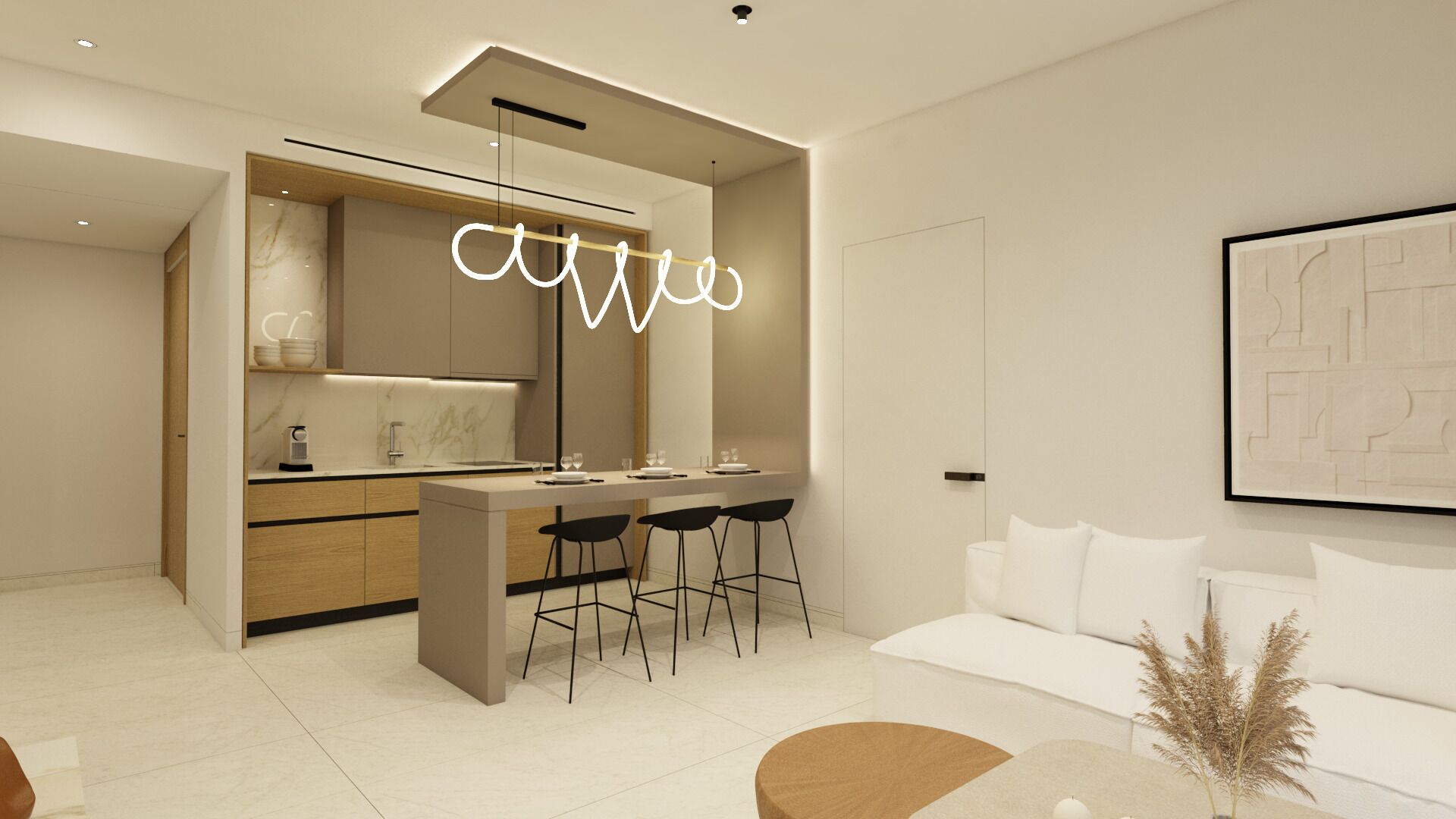 A modern kitchen with a central island, bar stools, and a pendant light with the word "attractive" in the center.