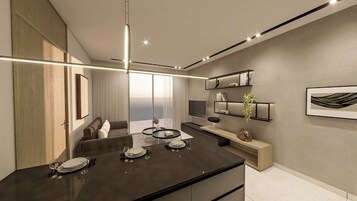 A modern kitchen with a dining area, a built-in TV, and a large window offering a view.