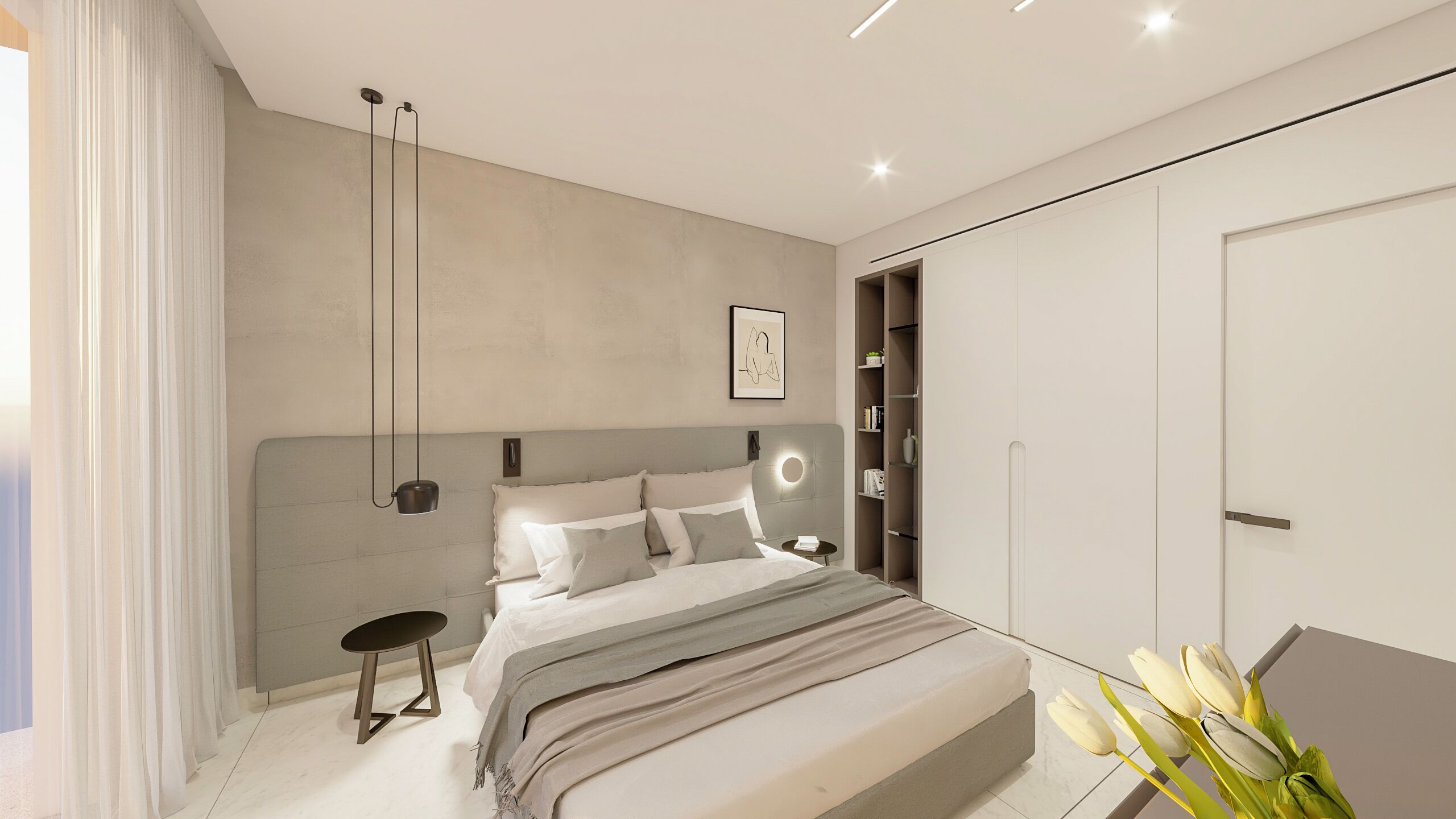 Un dormitorio moderno con cama, mesita de noche y armario.