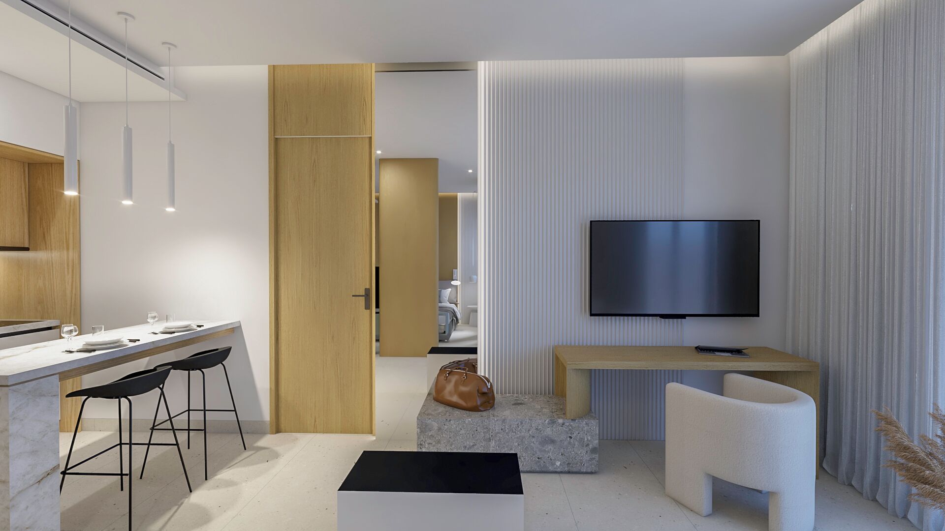 Habitación de hotel moderna con comedor, televisor y zona de estar.