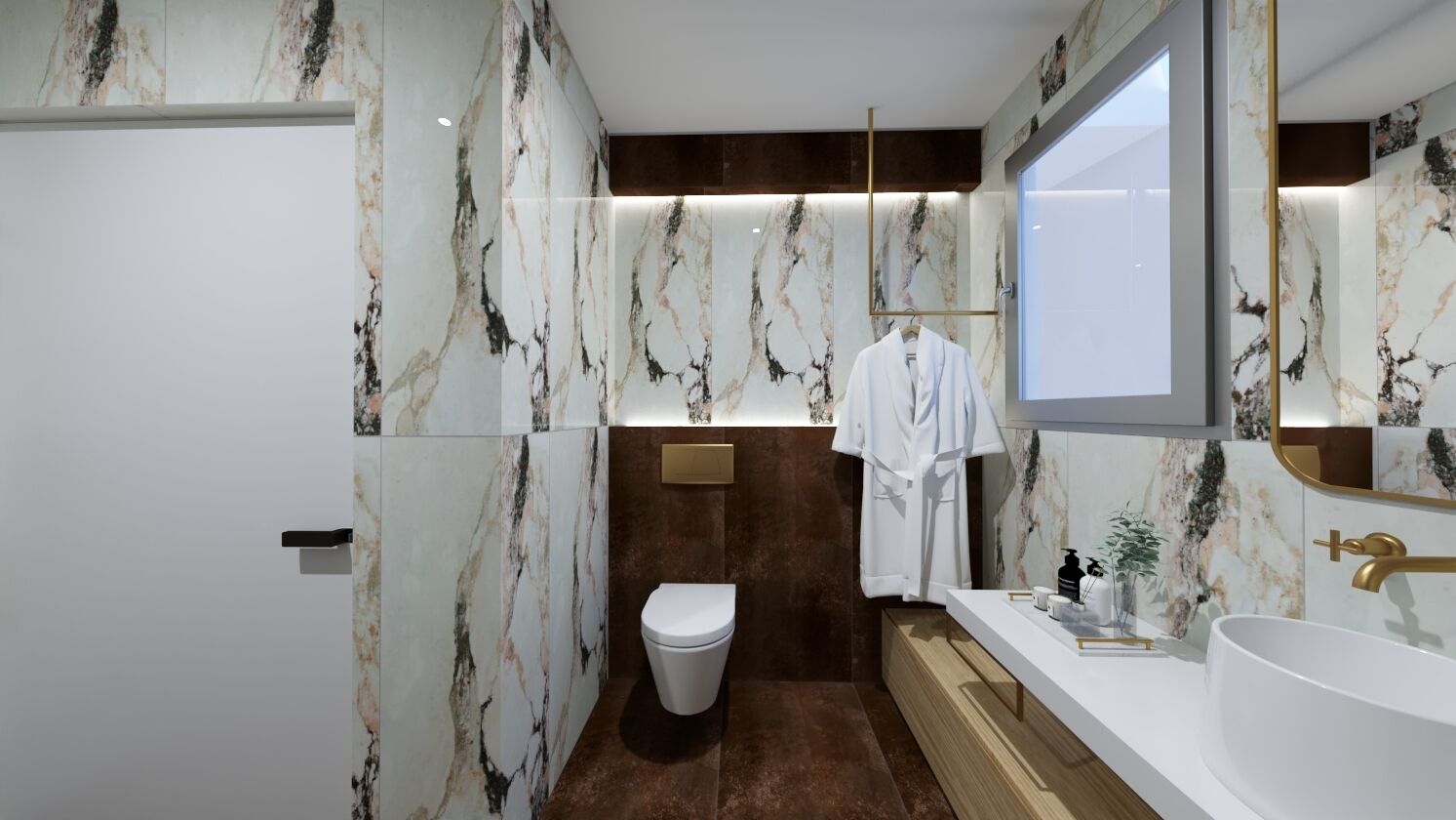 A modern bathroom with a marble wall, a white toilet, a vanity with a sink, and a mirror.