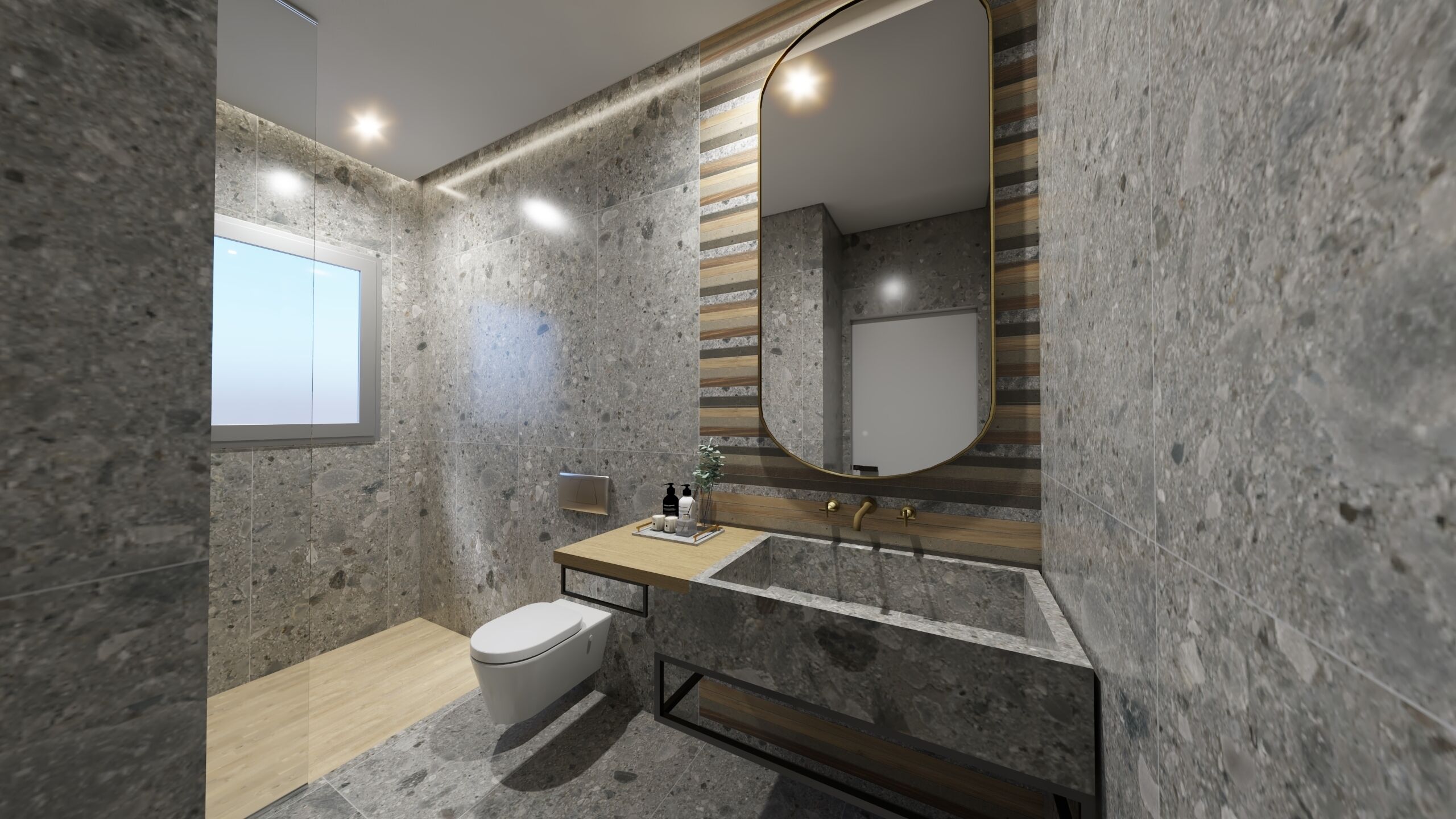 Un baño moderno con pared de piedra, tocador de madera, inodoro y un espejo grande.