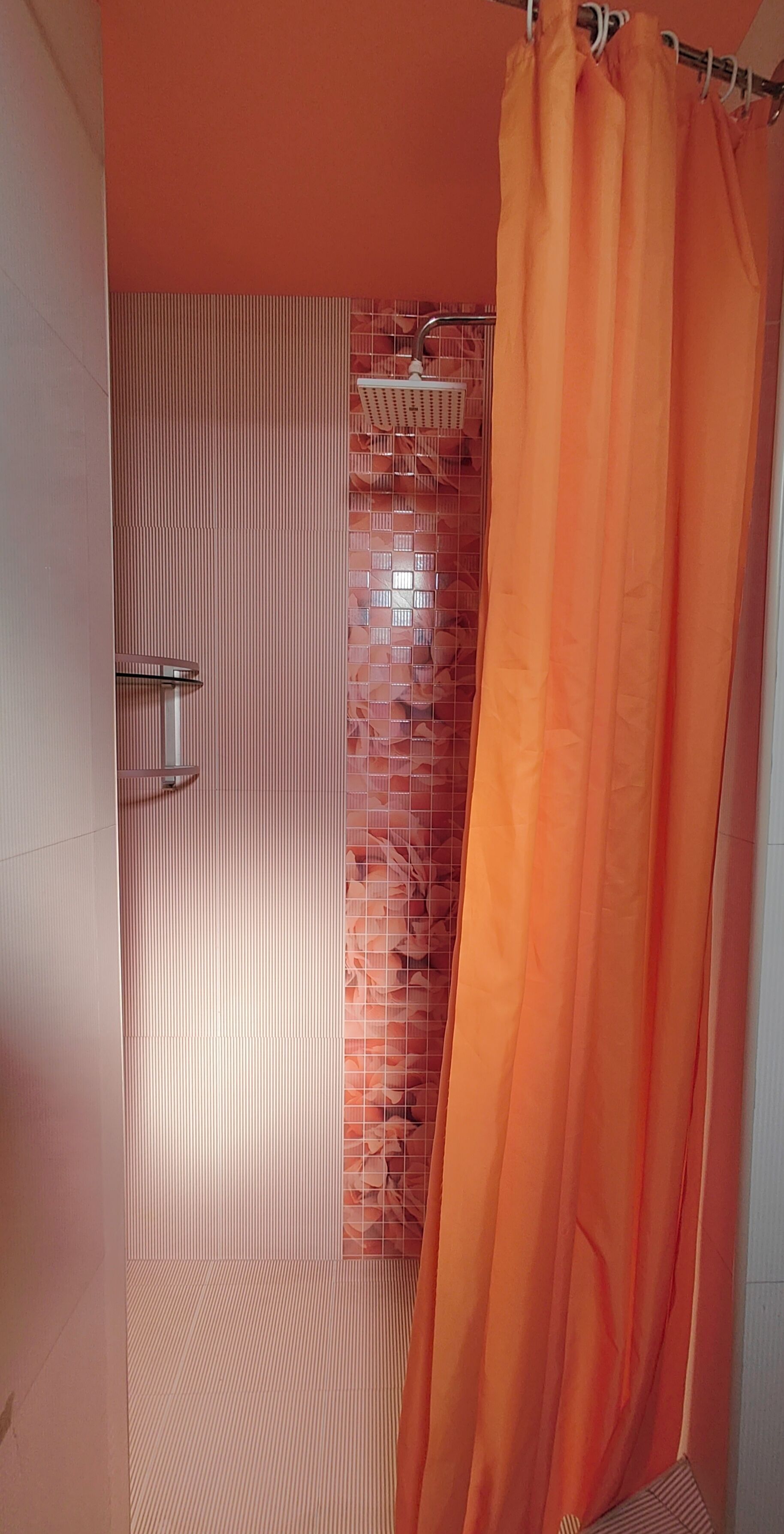 A bathroom with a shower curtain, a tiled wall, and a metal rack.