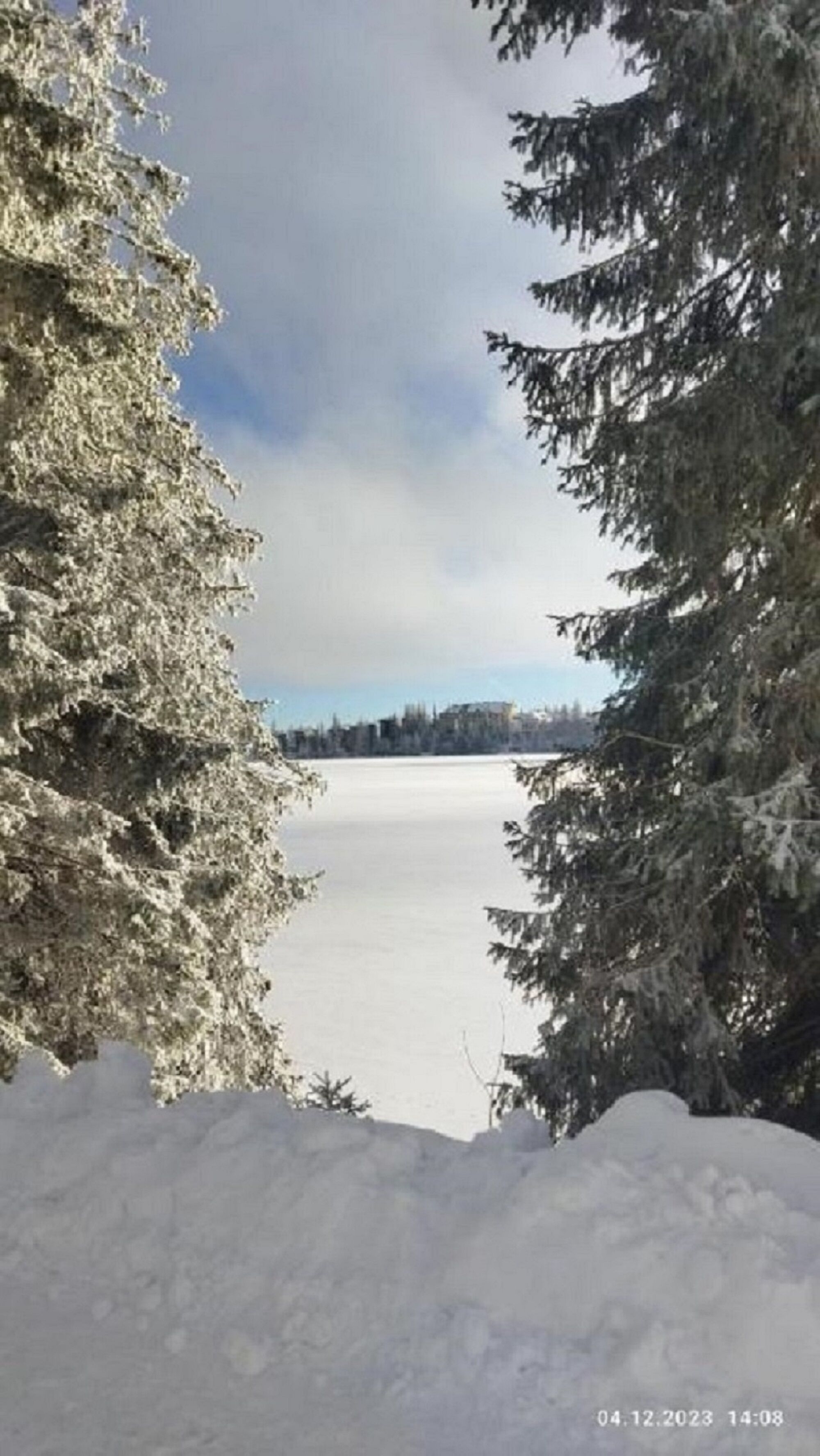 Un paysage enneigé avec des arbres et une étendue d’eau gelée.